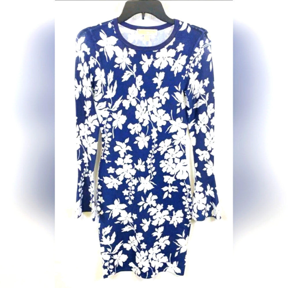Michael Kors MK Blue Floral Long Sleeve Pullover Short Sheath Dress Size 2XS